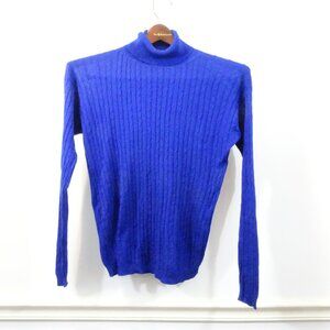 Vtg Kevo Royal Blue 100% Silk Knit Turtleneck Office Sz S Cable Knit Sweater